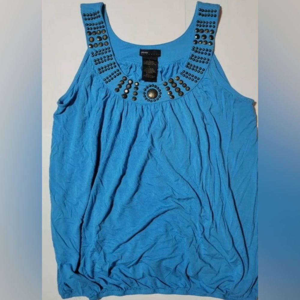 Grace Elements Bronze Studded Blue Scoop Neck Tunic Tank Sleeveless Women L